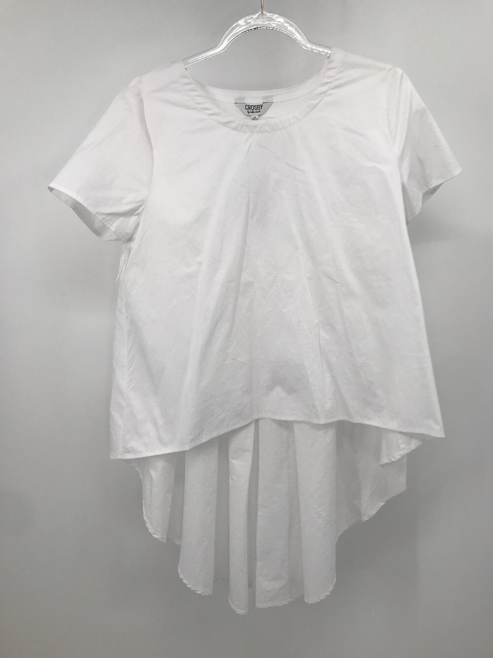 Crosby Mollie Burch Shawna Top M White Hi Low Fringe Short Sleeve